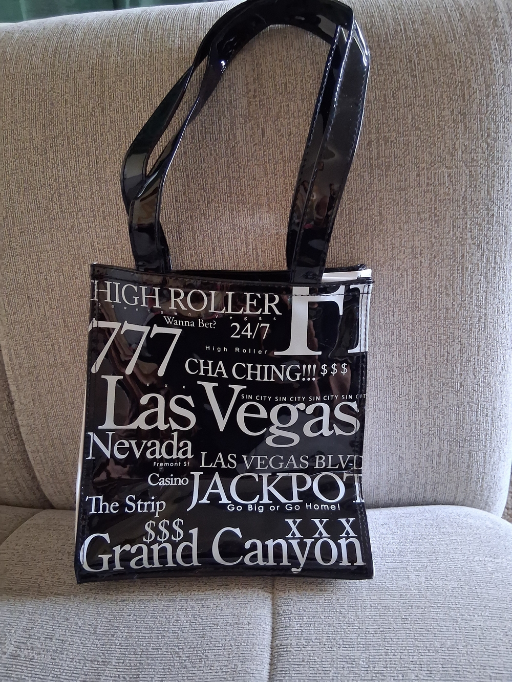 Black Las Vegas Graphic Vinyl Tote Bag NWOT